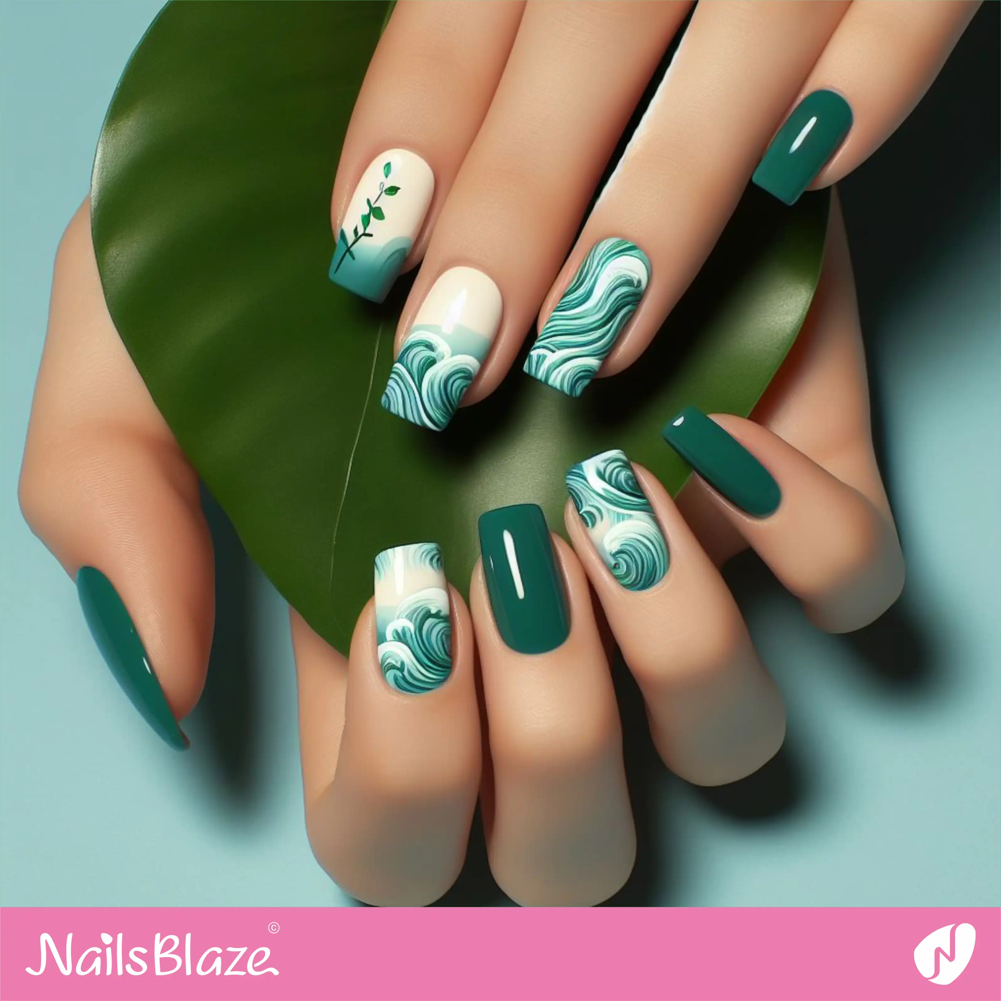 Ocean Nail Art with Green Swirls | Save the Ocean Nails - NB3286